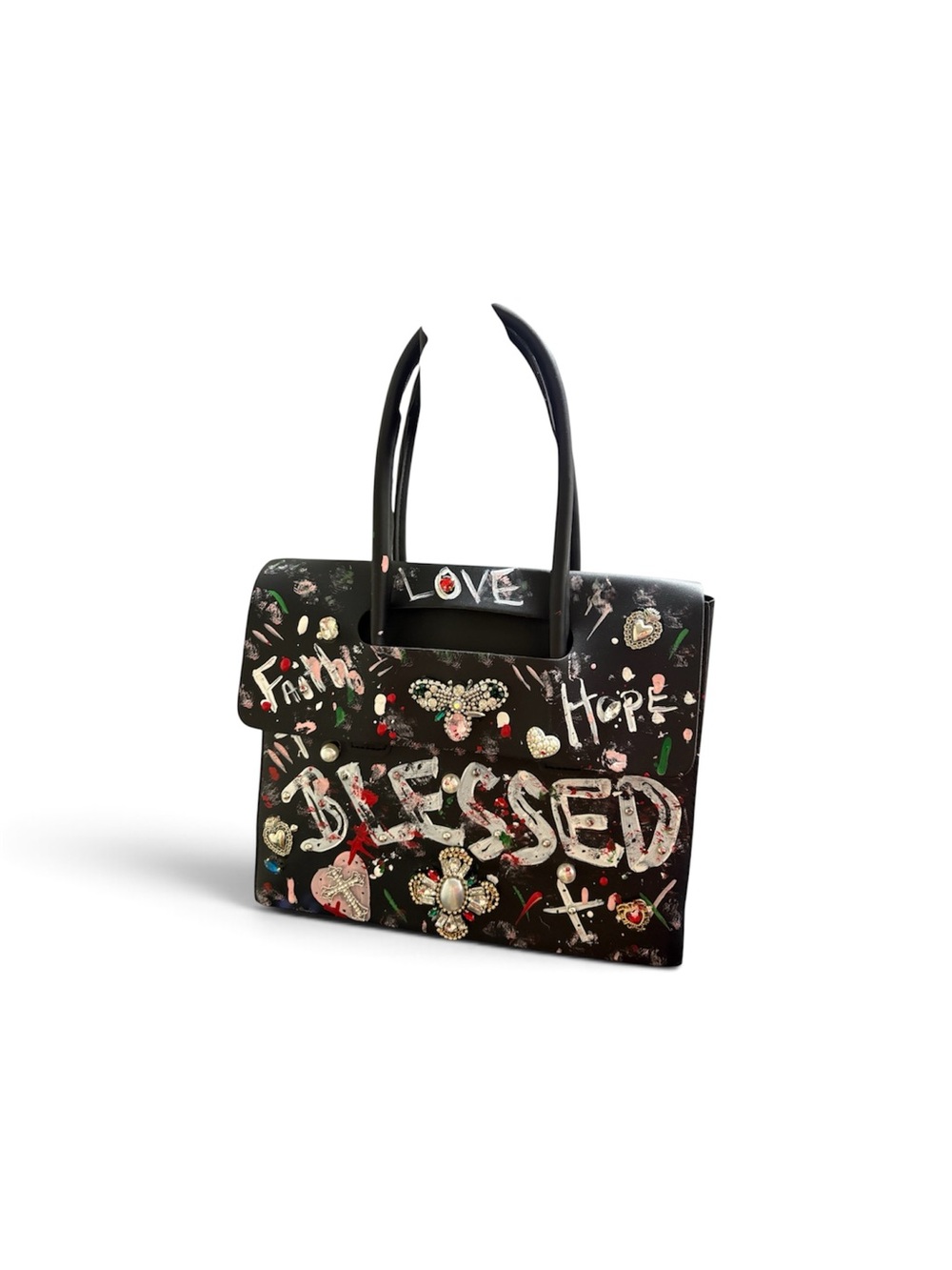 Hand painted by me Black 'Blessed' Embellished Graffiti Satchel - Picture 2 of 3